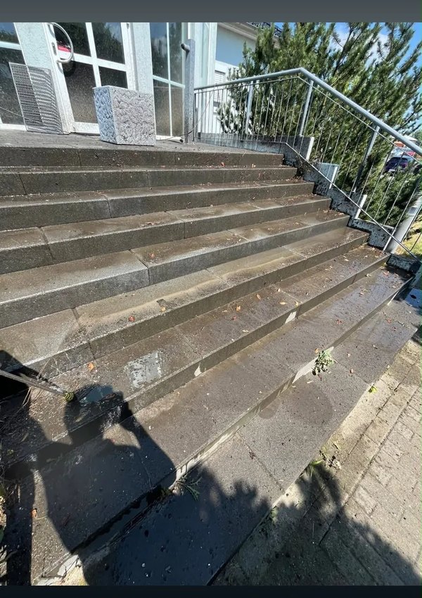 Echtes Kundenfoto: Außentreppe vor der Reinigung, dunkler Schmutzfilm auf allen Stufen